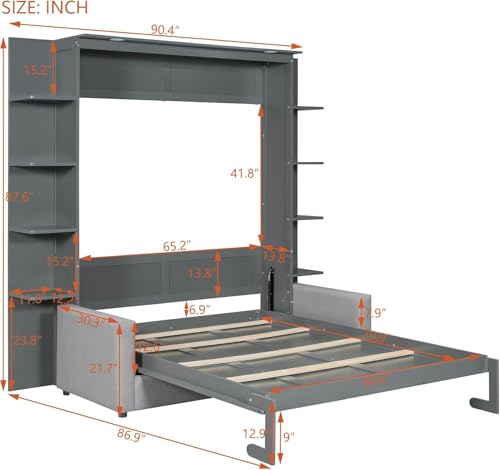 Queen Murphy Bed with Couch and Storage Shelves, Wood Cabinet, Grey I683551