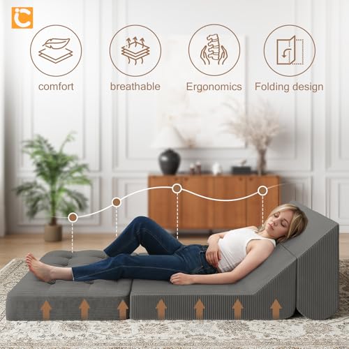 COMAX Folding Sofa Bed Convertible Chair Bed Corduroy 3-in-1 Floor Couch, Dark Grey E940
