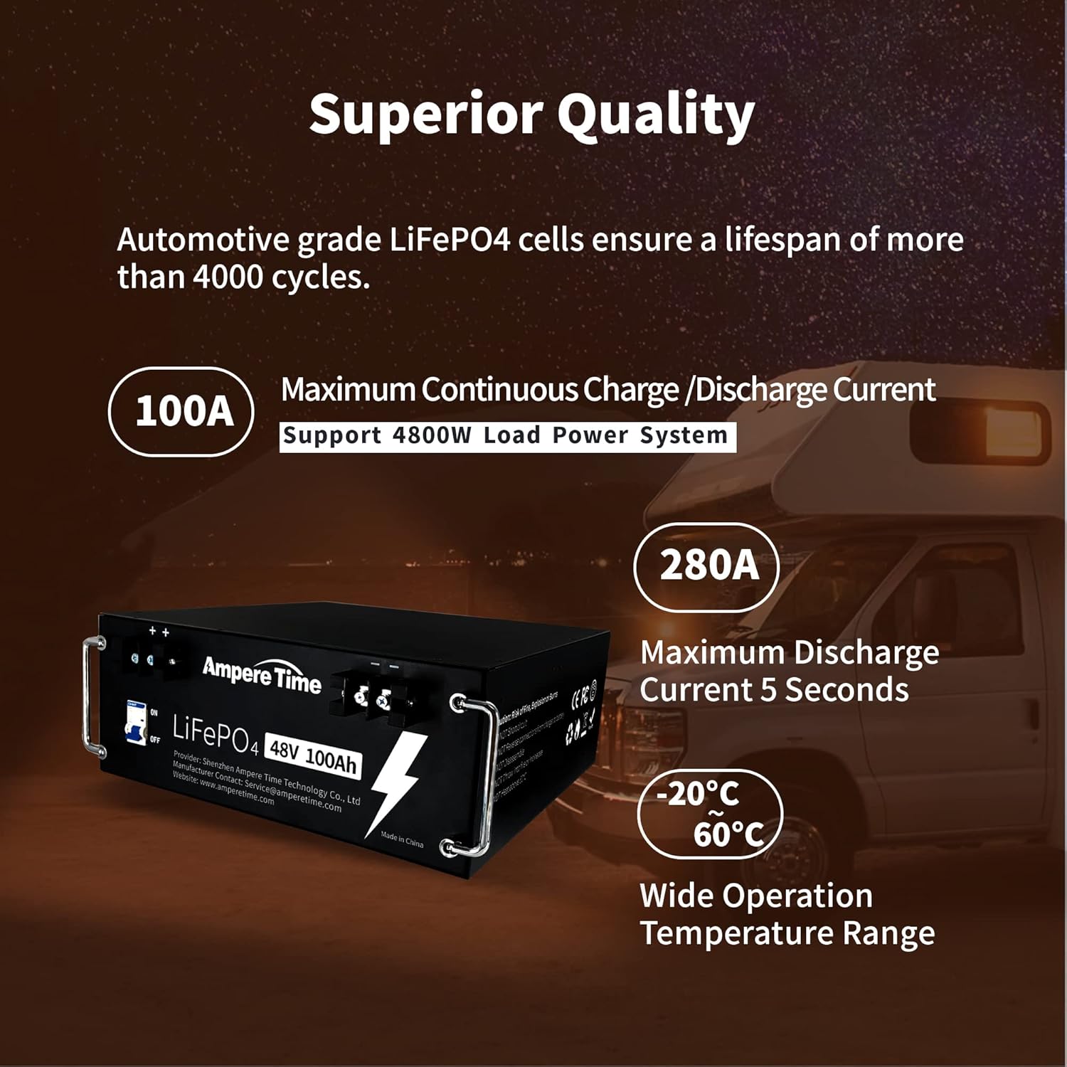 Ampere Time 12V 200Ah Plus LiFePO4 Battery with 200A BMS N84511