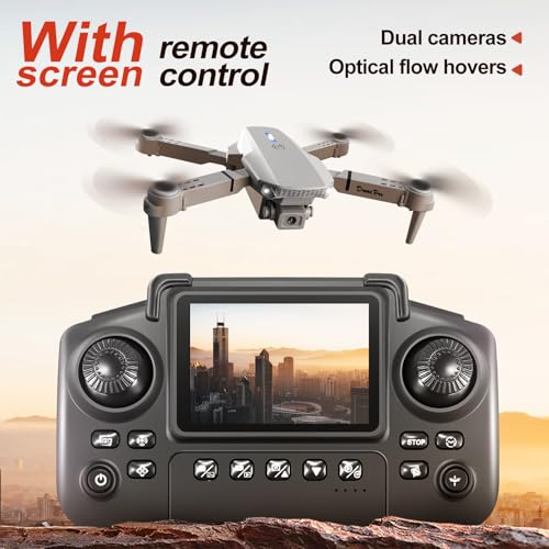 E88 Drone with Screen Controller, Foldable Mini Drone for Beginners, 2 Batteries, Black E7038