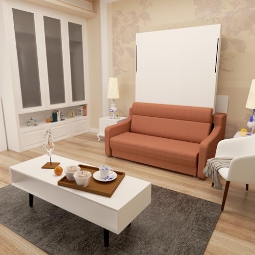 MERITLINE Queen Murphy Bed with Couch and Storage Shelves, White M951