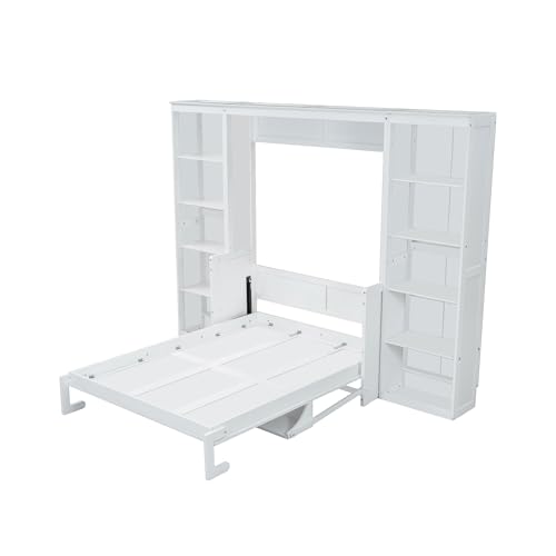 Queen Size Murphy Bed Wall Cabinet with 2 Wardrobes and Storage Shelf, White E955210