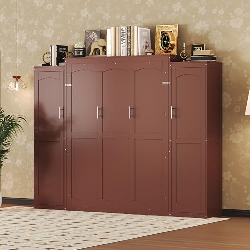 Queen Size Murphy Bed Wall Cabinet with 2 Wardrobes and Storage Shelf, White E955210
