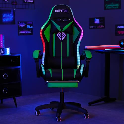 HOFFREE RGB Gaming Chair with Speakers and Footrest, Blue and Black B69323