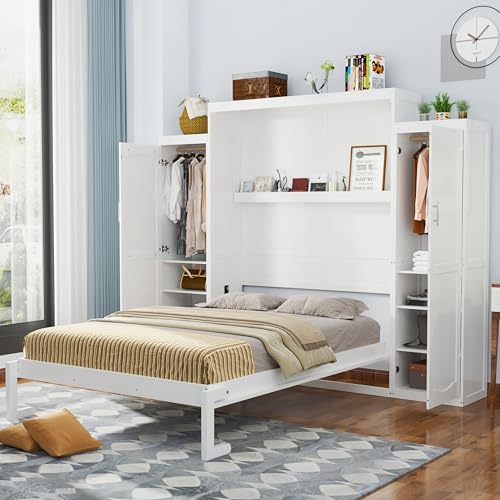 Harper & Bright Designs Full Murphy Bed with Two Closets and Storage Shelf, Walnut P2065
