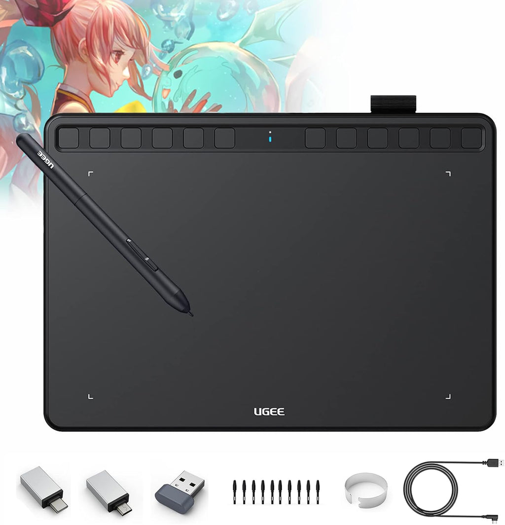 UGEE S1060W Wireless Graphics Drawing Tablet 10x6 Inch with 12 Hot Keys & Battery-Free Stylus, 2-Pack B791342