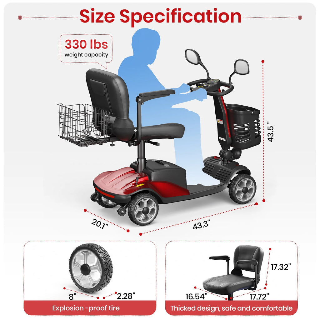 SACVON 4 Wheel Mobility Scooter for Seniors, Foldable, 330lbs, Red R1779