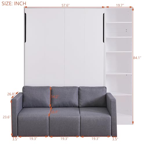 MERITLINE Queen Murphy Bed with Couch and Storage Shelves, White M951