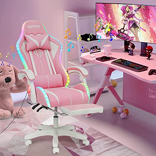 HOFFREE RGB Gaming Chair with Speakers and Footrest, Blue and Black B69323