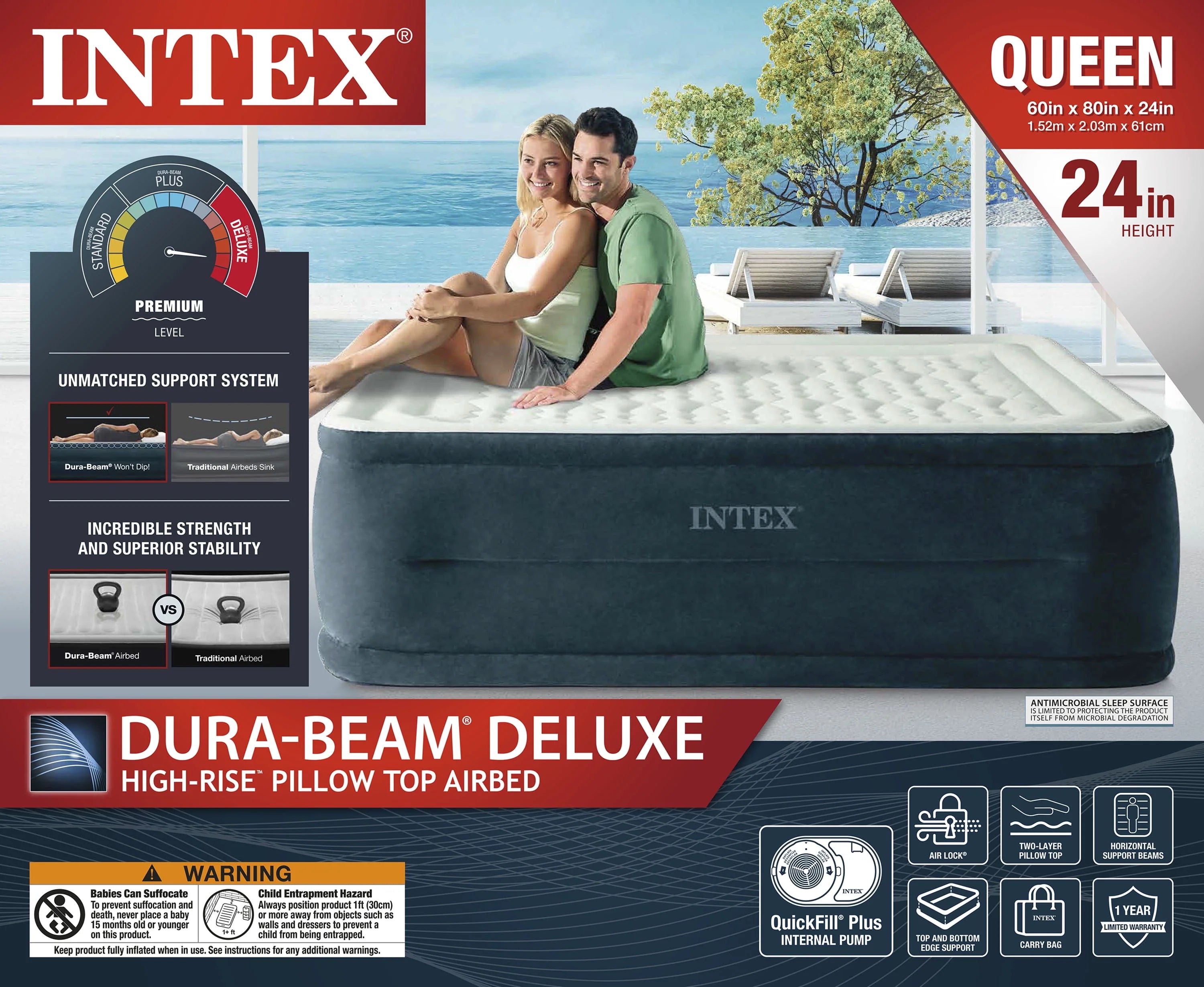 Intex Dream Lux Pillow Top Dura-Beam Airbed Mattress with Internal Pump, Queen D93685