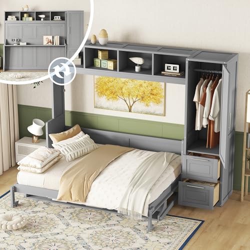 Linique Murphy Cabinet Wall Bed with Closet, Drawers and Top Shelf, Gray K190832