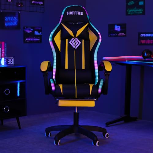 HOFFREE RGB Gaming Chair with Speakers and Footrest, Blue and Black B69323