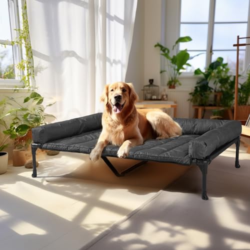 Veehoo Elevated Dog Bed with Removable Waterproof Bolster Cushion, Breathable Mesh, Indoor Outdoor, 42x30 inches, Beige U875430