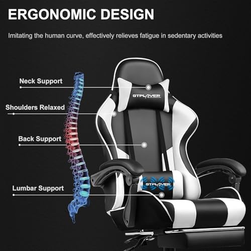 GTPLAYER Gaming Chair with Footrest and Lumbar Support, White S774