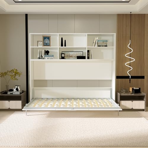 White Full Size Murphy Bed Cabinet with Shelf and Drawers Y948