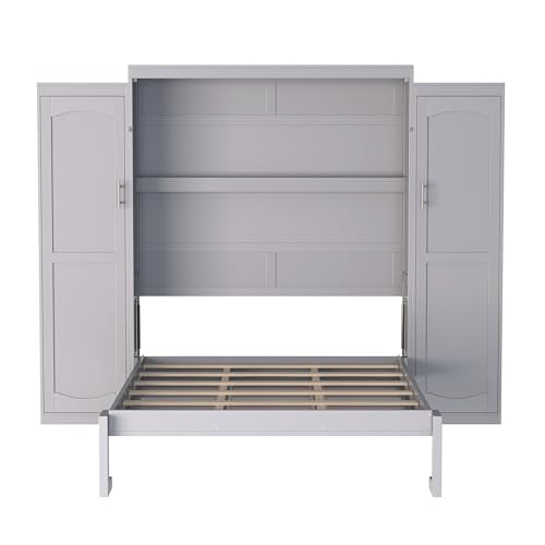Queen Size Murphy Bed Wall Cabinet with 2 Wardrobes and Storage Shelf, White E955210