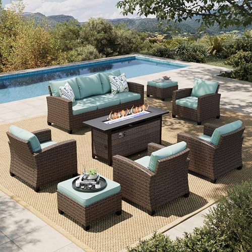 HERA'S HOUSE Patio Furniture Set with 56" Fire Pit Table, 6 Pieces 7 Seats Wicker Sectional Z546196