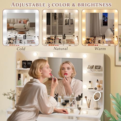 Makeup Vanity with Lights, Glass Top Desk with Mirror for Bedroom K649