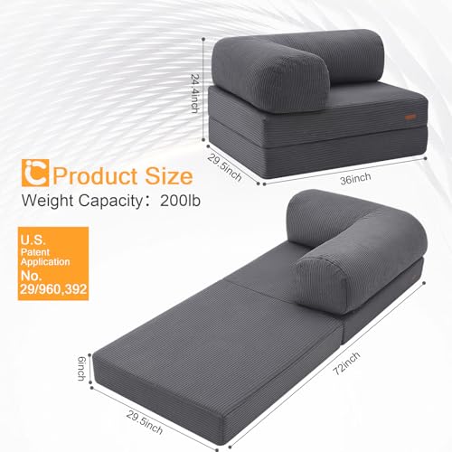 COMAX Folding Sofa Bed Convertible Chair Bed Corduroy 3-in-1 Floor Couch, Dark Grey E940
