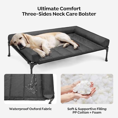 Veehoo Elevated Dog Bed with Removable Waterproof Bolster Cushion, Breathable Mesh, Indoor Outdoor, 42x30 inches, Beige U875430
