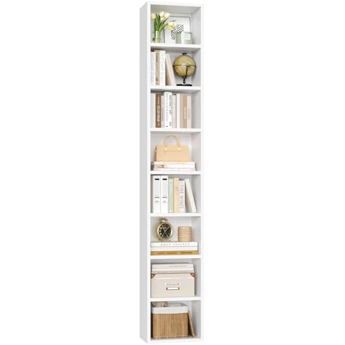 FOTOSOK 8-Tier Media Tower Rack, Tall Narrow Bookcase, Black/Brown W19438
