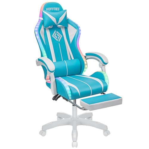 HOFFREE RGB Gaming Chair with Speakers and Footrest, Blue and Black B69323