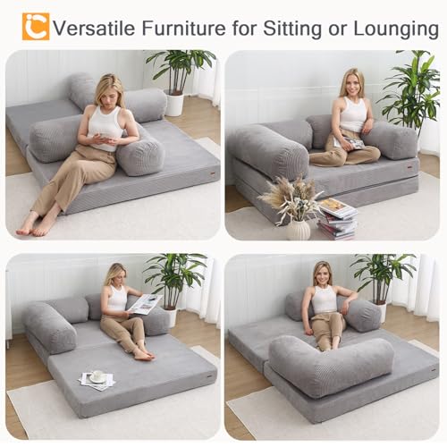 COMAX Folding Sofa Bed Convertible Chair Bed Corduroy 3-in-1 Floor Couch, Dark Grey E940