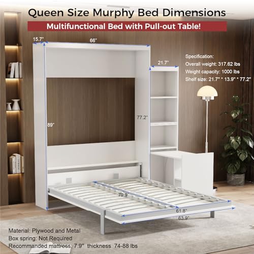 White Full Size Murphy Bed Cabinet with Shelf and Drawers Y948
