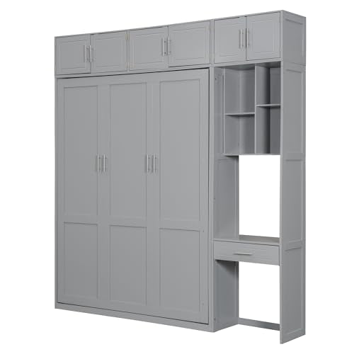 PURLOVE Wood Twin Murphy Bed with Light and USB, Gray W600663