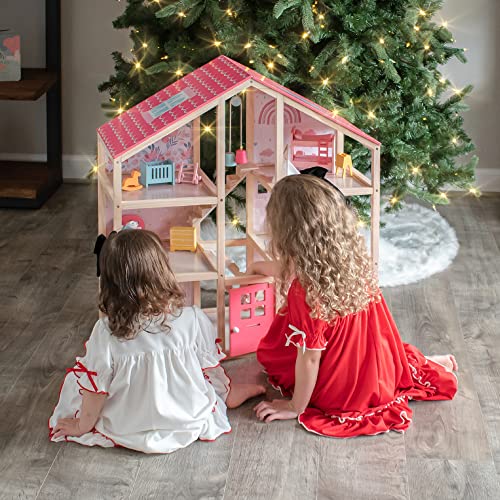 Tiny Land Wooden Dollhouse for Girls with 31Pcs Furniture Accessories, Green L263