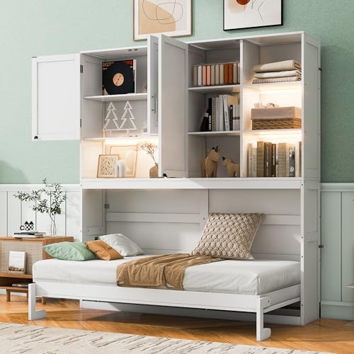 PURLOVE Wood Twin Murphy Bed with Light and USB, Gray W600663