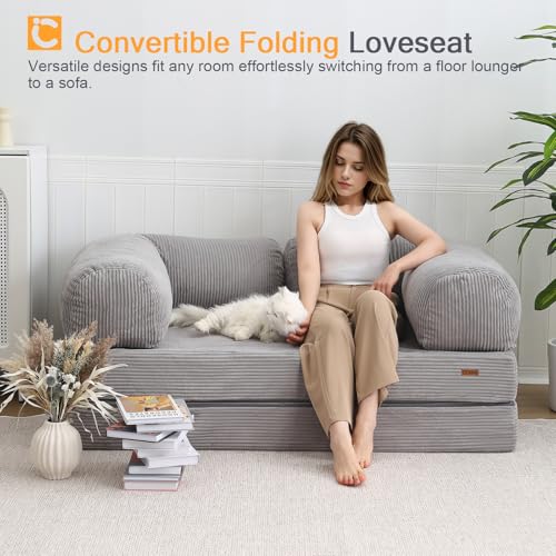 COMAX Folding Sofa Bed Convertible Chair Bed Corduroy 3-in-1 Floor Couch, Dark Grey E940