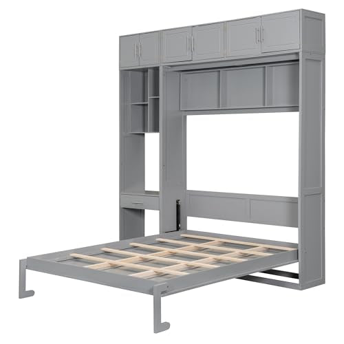 PURLOVE Wood Twin Murphy Bed with Light and USB, Gray W600663