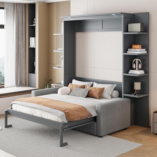 Queen Murphy Bed with Couch and Storage Shelves, Wood Cabinet, Grey I683551