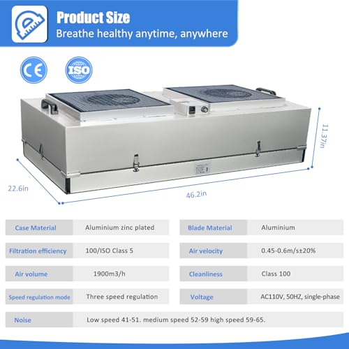 HEPA H14 Laminar Flow Hood with Fan Filter Unit, 22.6"x22.6" 110V, ISO Class 5 L625019