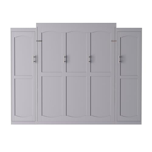 Queen Size Murphy Bed Wall Cabinet with 2 Wardrobes and Storage Shelf, White E955210