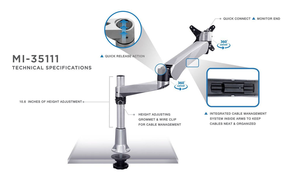 Mount-It Single LCD Monitor Desk Mount, Height Adjustable, Silver Q5530