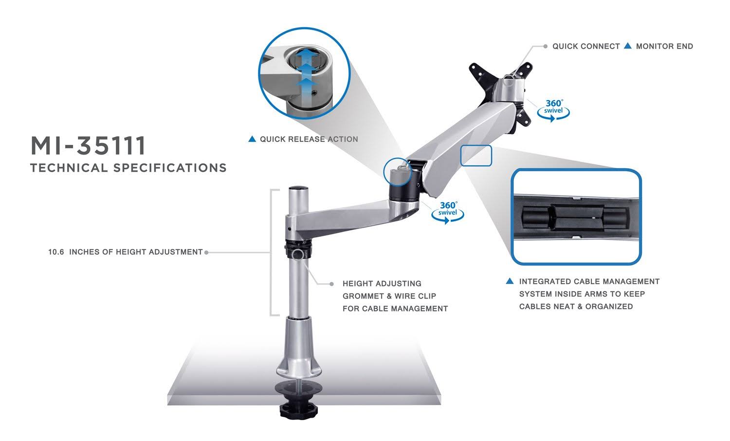 Mount-It Single LCD Monitor Desk Mount, Height Adjustable, Silver Q5530