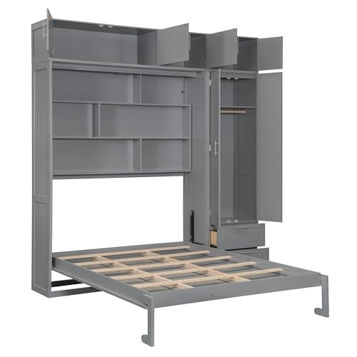 Merax Queen Murphy Bed with Shelves and Wardrobe, White A610744