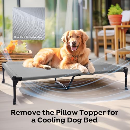 Veehoo Elevated Dog Bed with Removable Waterproof Bolster Cushion, Breathable Mesh, Indoor Outdoor, 42x30 inches, Beige U875430