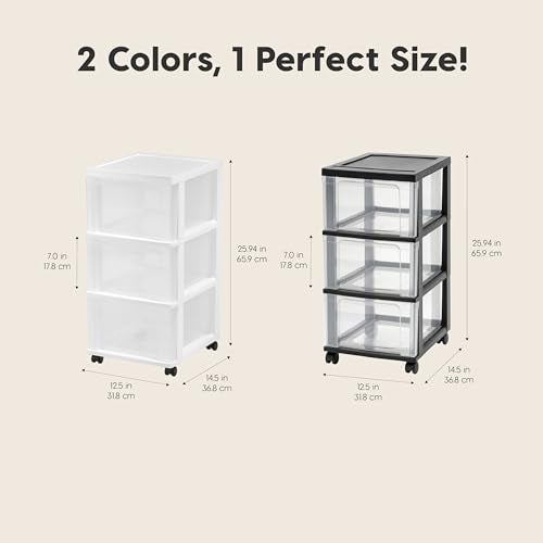 IRIS USA Plastic 3-Drawer Rolling Storage Cart with Wheels, White/Clear Y619