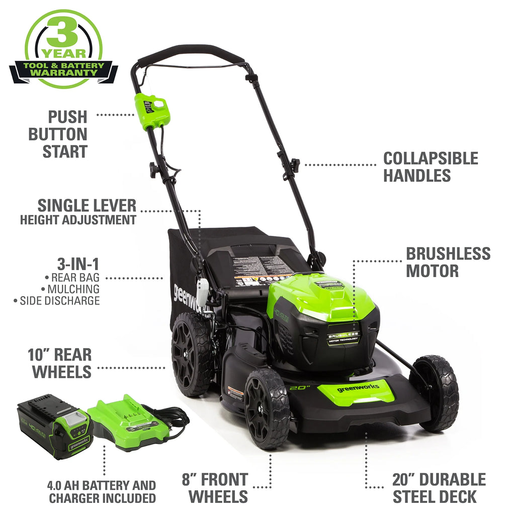 Greenworks 40V 20" Brushless Push Lawn Mower with Battery & Charger C7079