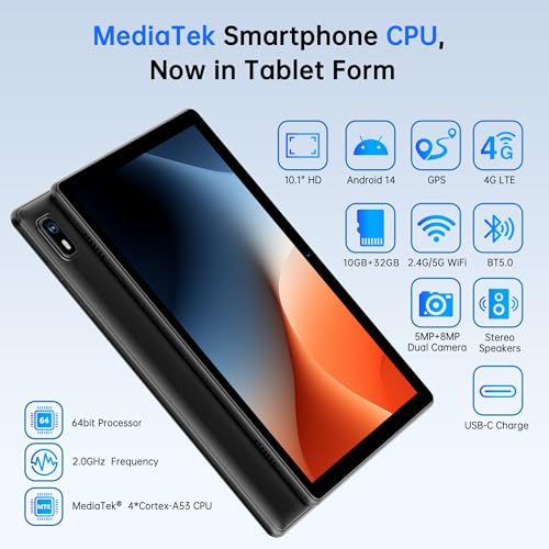 Android 14 Tablet 10.1 Inch 4G SIM Unlocked 3GB+32GB IPS Display Black Z2250
