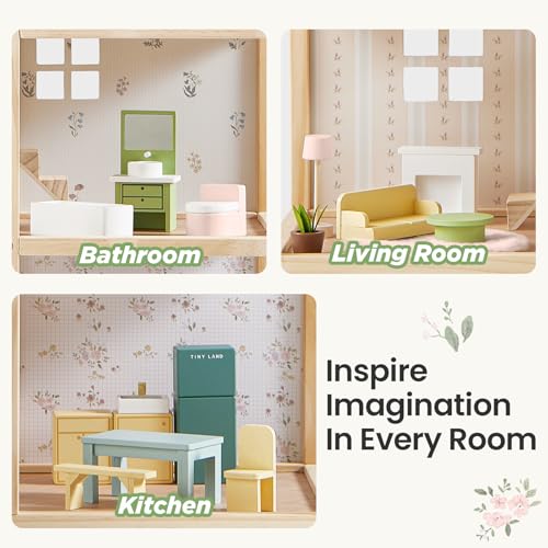 Tiny Land Wooden Dollhouse for Girls with 31Pcs Furniture Accessories, Green L263