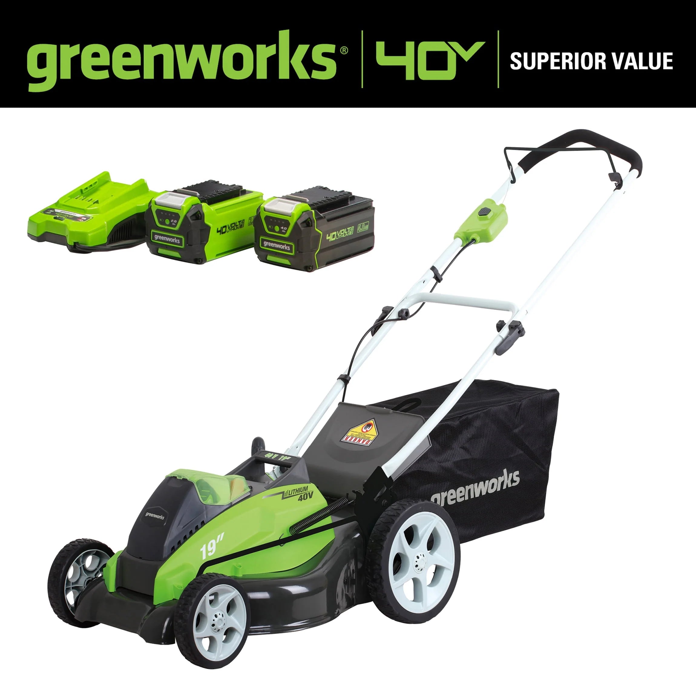 Greenworks 40V 19" Brushless Walk-Behind Lawn Mower with 4.0 Ah Battery & Charger B96689