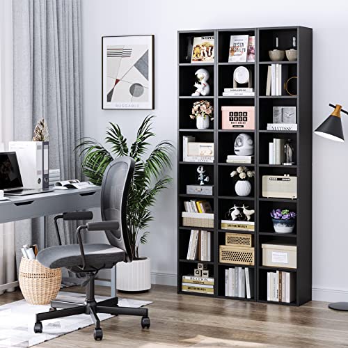 FOTOSOK 8-Tier Media Tower Rack, Tall Narrow Bookcase, Black/Brown W19438