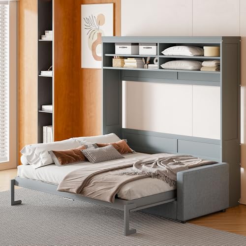 MERITLINE Queen Murphy Bed with Couch and Storage Shelves, White M951