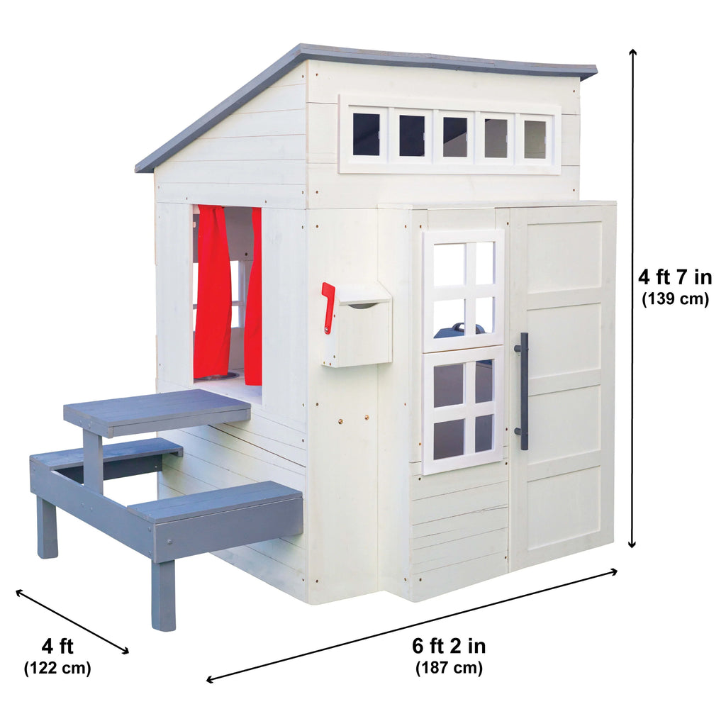 KidKraft Modern Outdoor Wooden Playhouse with Picnic Table, Mailbox & Grill, White P4610
