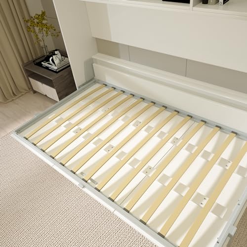 White Full Size Murphy Bed Cabinet with Shelf and Drawers Y948