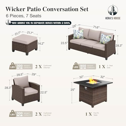 HERA'S HOUSE Patio Furniture Set with 56" Fire Pit Table, 6 Pieces 7 Seats Wicker Sectional Z546196